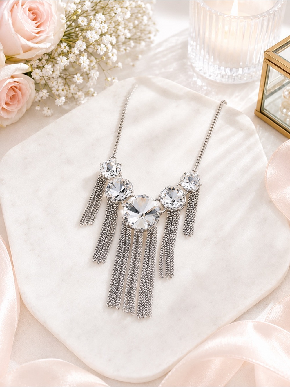Steve Madden Silver Crystal Fringe Statement Necklace Glam Boho Chic NWT